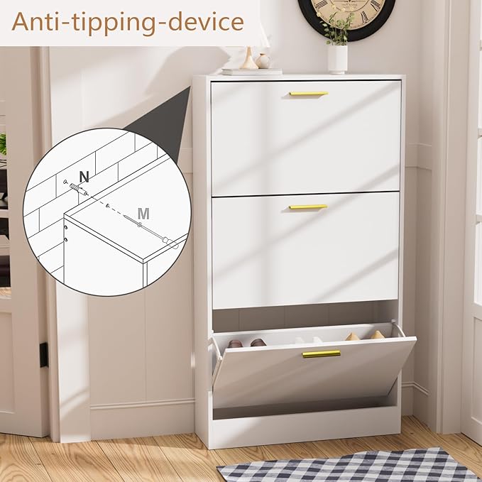 LYNSOM Shoe Cabinet Set of 2, Free Standing Tipping Bucket Shoe Rack Organizer with 3 Flip Drawers, Modern Entryway Shoe Storage with Top Display, Narrow Slim Hidden Shoe Cabinet (White)