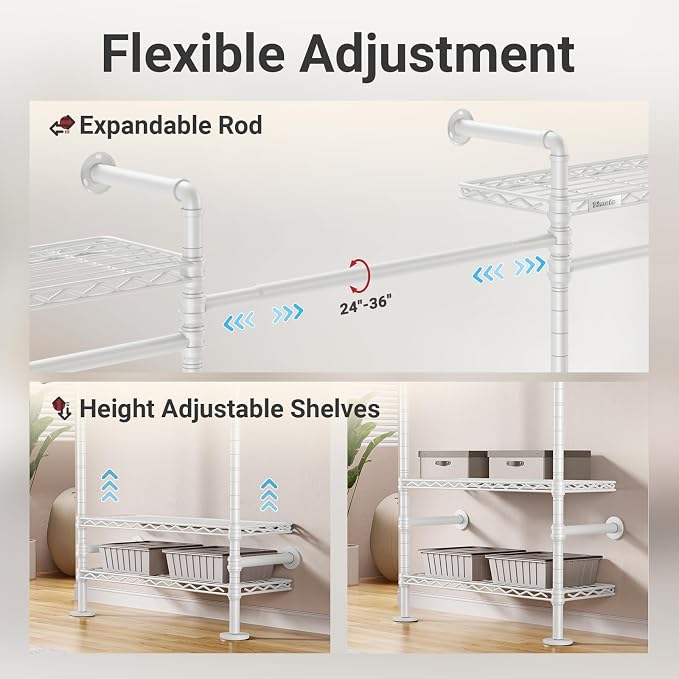 Timate L3 L Shape Garment Rack Heavy Duty Clothes Rack for Hanging Clothes, Expandable Industrial Pipe Wall Mounted Clothing Rack, Adjustable Corner Closet Wardrobe Closet Kit Closet Systems, White