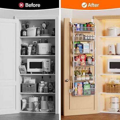 Delamu Large Over the Door Pantry Organizer, 6-Tier Metal Pantry Door Organization and Storage for Easy Install, Hanging Spice Rack Seasoning Shelves for Cabinet & Kitchen, D6.7xW17.5xH53.7 in, White