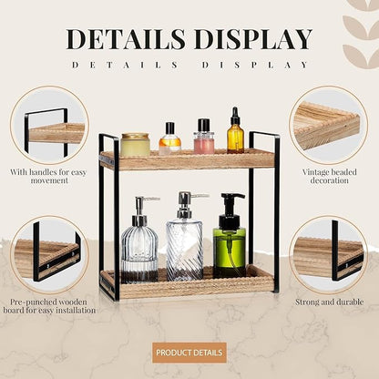 DoubleFill Bathroom Countertop Organizer, 2 Tier Wood Bead Vanity Organizer Tray for Bathroom Cosmetic Skincare Perfume Kitchen Coffee Station Organization(Brown,Classic)