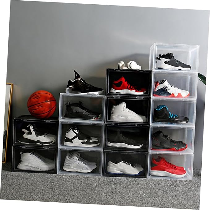 KALLORY Shoe Storage Box with Dustproof Design, Stackable Closet Organizer with Buckle Lock, Sturdy Plastic Shoe Container for Home and Travel, Medium Size