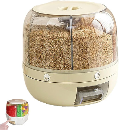 Rotating Candy Dispenser, Candy Dispenser 360° Rotating with 6 Compartments, Christmas Countertop, Large Capacity Grain Storage Container, for Rice, Cereals, Snack, Candies (Large,BEIGE)