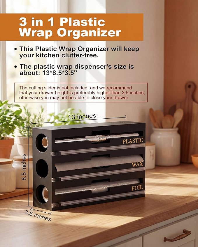 9 IN 1 Bamboo Foil and Plastic Wrap Organizer for Kitchen Drawer, Plastic Bag Organizer Organization and Storage, Food Storage Bag Organizer (BLACK)