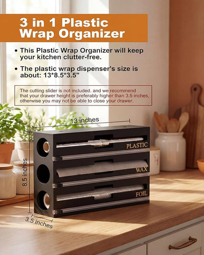 9 IN 1 Bamboo Foil and Plastic Wrap Organizer for Kitchen Drawer, Plastic Bag Organizer Organization and Storage, Food Storage Bag Organizer (BLACK)