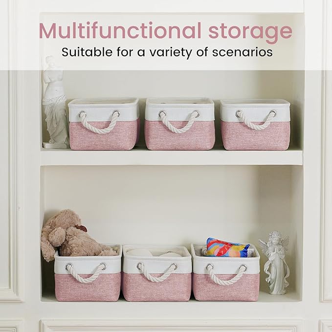 Storage Baskets for Shelves 11.8x7.9x5.2 Inch, Foldable Fabric Storage Bins with Handles, Small Storage Baskets for Organizing Closet, Office, Home Organization (1-Pack, White&Pink)
