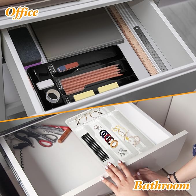 Milageto Cutlery Tray Multifunction Fittings with 4 Compartments - Compact Silverware Drawer Organizer, Storage Box for Flatware Silverware Stationery Kitchen Drawer Bathroom, White
