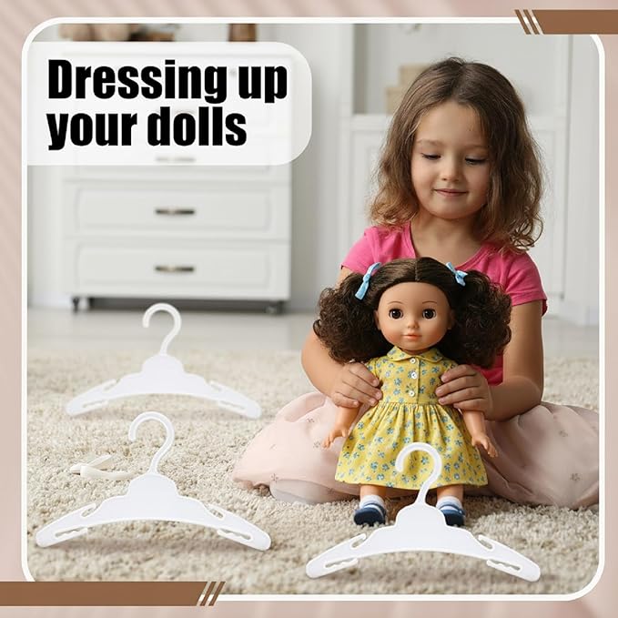 Soulchen 50 Pcs Doll Clothes Hangers for 18 Inch Dolls, White Plastic Clothes Hangers with Non-Slip Clips, Space-Saving Wardrobe Accessories for Gown Dress Outfit