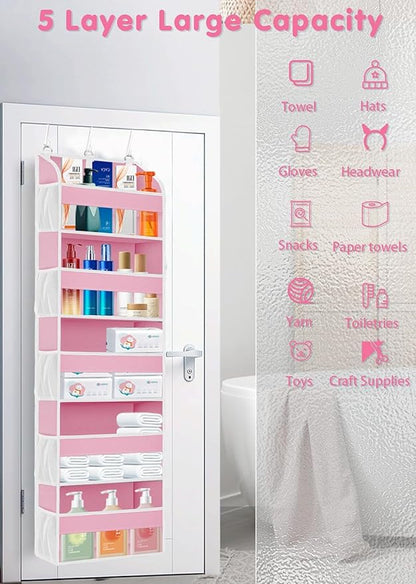 TAHAVICE Pink Over the Door Organizer - 5-Tier Hanging Storage with Clear PVC Windows & 10 Mesh Pockets, Cute Closet Organizer for Makeup, Perfume, Toys, Perfect Pink Room Decor for Girl