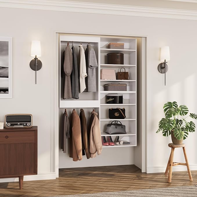 ROOMTEC Modular Closet System, 61" Wall-Mounted Closet Organizer with Hanging Rods and Shelves, Wooden Tower for Walk-In Closets, Wardrobe Storage Kit, White