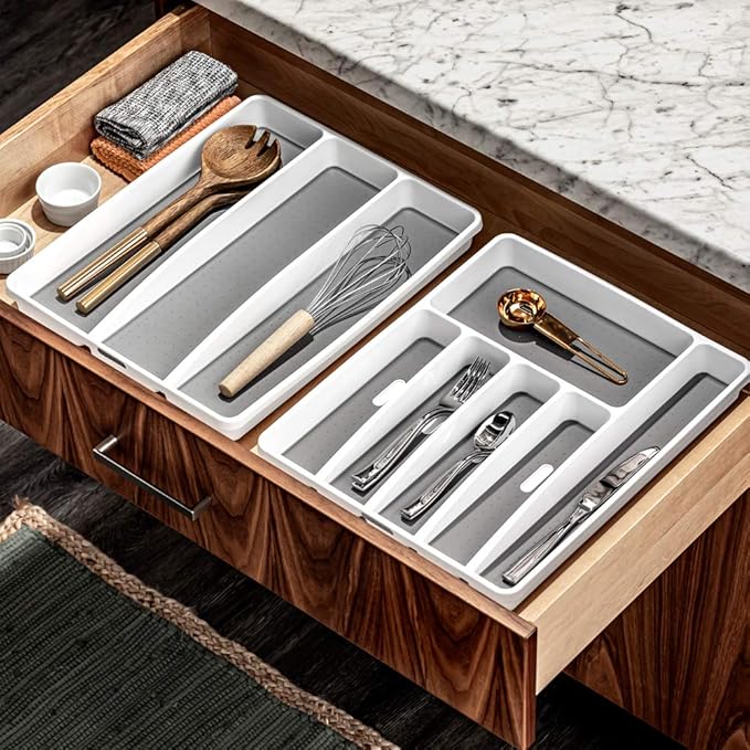 madesmart 3 Compartment Utensil Tray, Multi Purpose Storage Organizer, Non Slip Lining,Deep Storage for Ladles, Whisks & Serving Tools, for Drawers & Home Organization, White