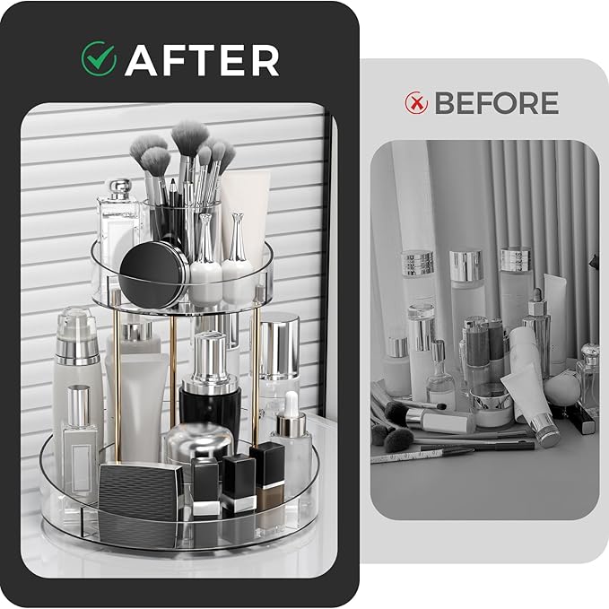 2 tier Makeup Organizer Countertop,360 Rotating Makeup Organizer for Skincare, Lipstick and Perfumes,Multi-function Cosmetic Display Cases for Vanity,Bathroom,Transparent
