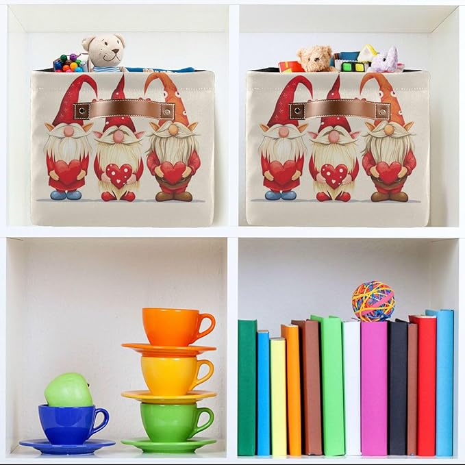 Large Storage Basket Gnomes Hold Hearts Storage Bin Cube Canvas Fabric Organizer Handles Collapsible for Clothes Toys Bedroom Decorative