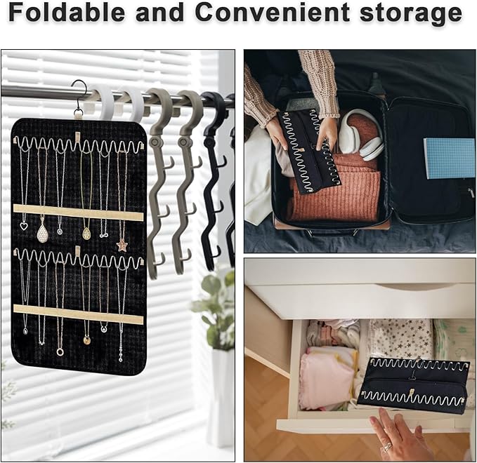 Tefola Hanging Jewelry Organizer, Double-Sided Necklace Organizer Jewelry Holder Organizer for Earrings, Necklaces Rings, Glasses, Sunglass Organizer for Closet, Wall, Door (Black, Small Size)