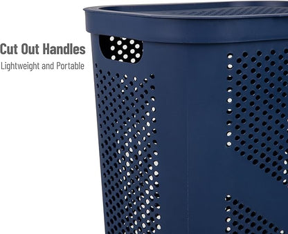 Mind Reader Slim Laundry Hamper with Lid, 60L Clothes Basket, Ventilated Plastic, Navy