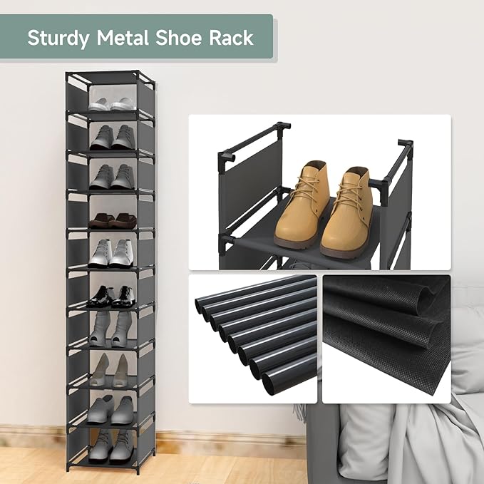 Vertical Shoe Rack, 10 Tier Narrow Shoe Rack for Closet & Entryway, Space Saving Tall Shoe Organizer for Small Spaces, Sturdy Metal Stackable Shoe Shelf Tower for Boots & Heels, Black
