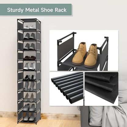 Vertical Shoe Rack, 10 Tier Narrow Shoe Rack for Closet & Entryway, Space Saving Tall Shoe Organizer for Small Spaces, Sturdy Metal Stackable Shoe Shelf Tower for Boots & Heels, Black