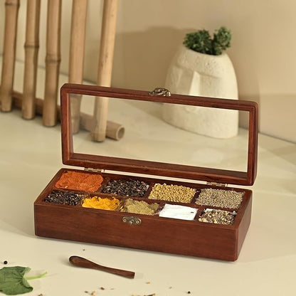Brick Brown® Premium Handcrafted Wooden Prism Masala Box with Wooden Spoon | 9-Compartment Spice Box Organizer with Acrylic Lid | Masala's Dani Namak Dani Dabba | Masala Container Popula Dabba