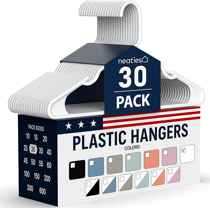 Plastic Hangers 30 Pack – Made in The USA – 6lb Capacity Standard Clothes Hangers with Notches and Reinforced Edges for Dresses, Lingerie, Shirts, Pants, and Jackets – White