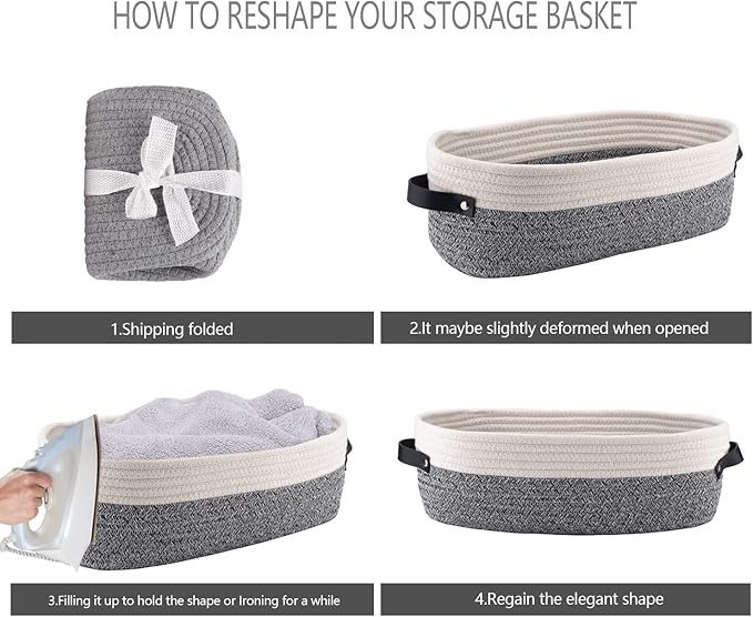 Small Cotton Rope Woven Basket Toilet Paper Baskets for Organizing Decorative Basket for Boho Decor Small Storage Basket 13"x5.9"x4" Variegated Gray&White