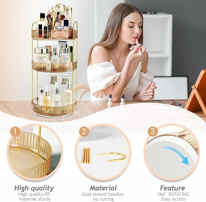 360 Rotating Makeup Organizer for Vanity,3 Tier Large Capacity Skincare Organizers,Bathroom Counter Organizer, transparent Spinning Perfume Organizer & Vanity Organizer (Gold-3 Tier)