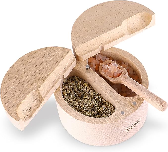 Wooden Divided Salt Cellar With Lid And Spoon,Salt Box With 2 Compartment,Salt container with Magnetic Swivel lid, Beech Wood