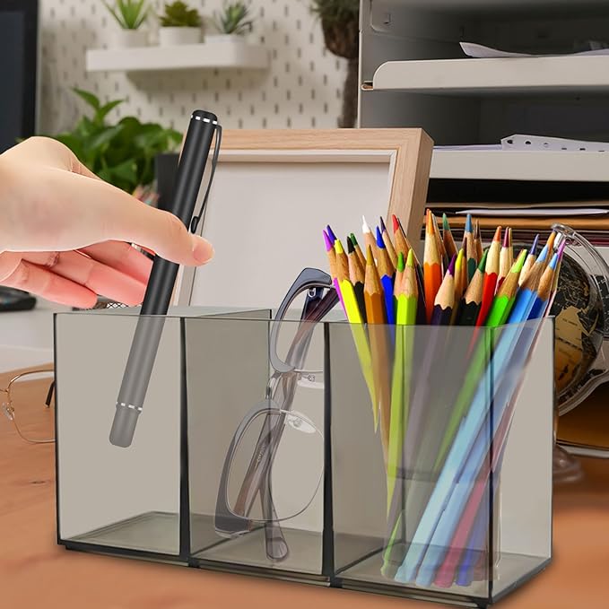 2 Pack Translucent Gray Makeup Brush Holder, 3 Compartment Plastic Pen Organizer, Acrylic Silverware Caddy for Storage Desk Vanity Pencil Utensil Marker Cutlery (Translucent Gray)