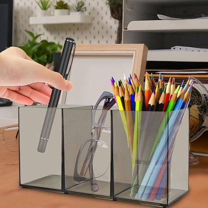 2 Pack Translucent Gray Makeup Brush Holder, 3 Compartment Plastic Pen Organizer, Acrylic Silverware Caddy for Storage Desk Vanity Pencil Utensil Marker Cutlery (Translucent Gray)