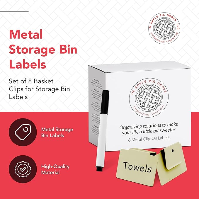 Labels for Storage Bins | Metal Storage Bin Clips (2.5” x 3.5”) - Set of 8 Basket Clip On Tags for Storage Bins w/Non-Slip Grip Pads & Dry Erase Marker - Removable Bin Labels for Storage Baskets