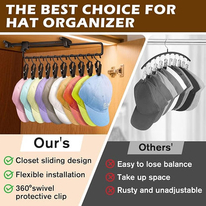 Sliding Hat Organizer with 20 Clips, Hat Organizer for Baseball Caps, Racks for Baseball Caps Wall Space Saving Design, 2 Pack, Black