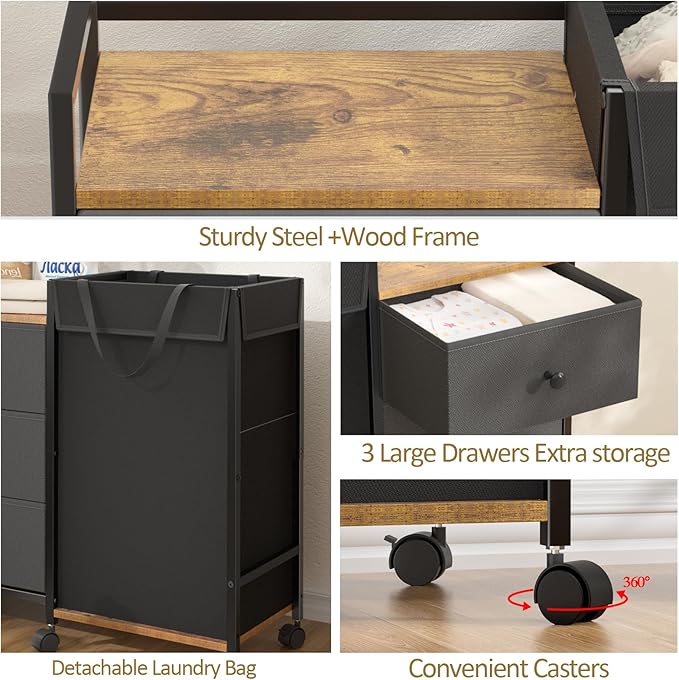 Laundry Hamper with Wheels, Laundry Sorter with Shelf and 3 Drawers, Total Capacity 123L/32.5 Gal (3 Drawers+Bags), Laundry Cabinet with Fabric Detachable Bags, Clothes Hampers for Bedroom Bathroom