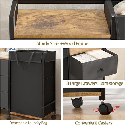 Laundry Hamper with Wheels, Laundry Sorter with Shelf and 3 Drawers, Total Capacity 123L/32.5 Gal (3 Drawers+Bags), Laundry Cabinet with Fabric Detachable Bags, Clothes Hampers for Bedroom Bathroom