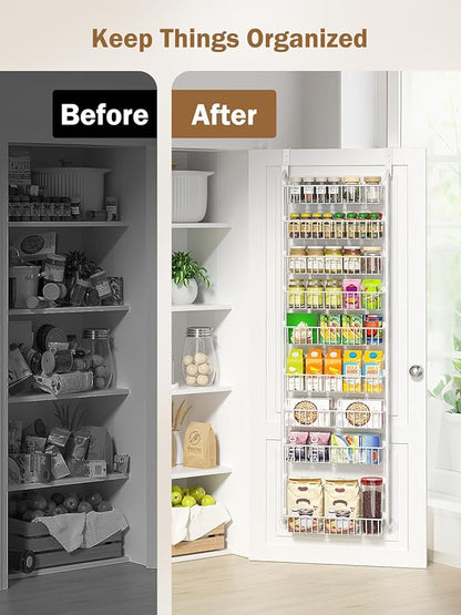 Delamu Over The Door Pantry Organizer, 9-Tier Pantry Door Organizers and Storage with Adjustable Basket, Metal Hanging Spice Rack, Seasoning Organizer, Door Organizer for Home Kitchen Bathroom, White