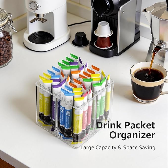 Drink Packet Organizer, Rotating Turntable Organizer with 4 Compartments, Clear Lazy Susan for Powdered Drink Mix, Water Flavor Packets, Coffee, Tea – Space-Saving Countertop Organizer