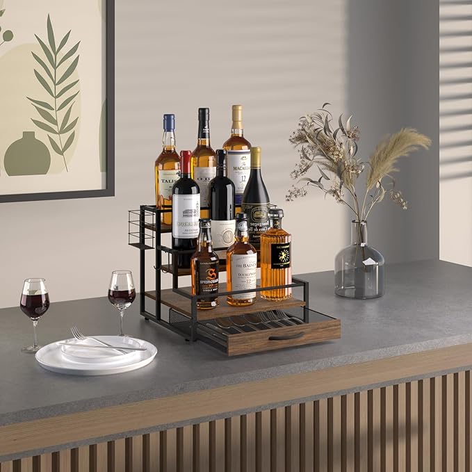Coffee Syrup Organizer Rack, 4-Tier Syrup Bottle Holder Stand with 36 K Cup Pod Drawer Storage for Coffee Bar, 12 Bottles Storage Shelves for Syrup, Wine, Dressing for Kitchen Coffee Station