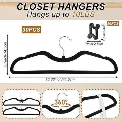 Pants Hangers Non Slip, 30 Pack Velvet Hangers for Closet with 30 Hooks, Strong Durable Slimline Space Saving Pants Hanger, Space Saving Flocked Hangaers for Pants, Shirts, Bra, Shorts (Black-M-shape)