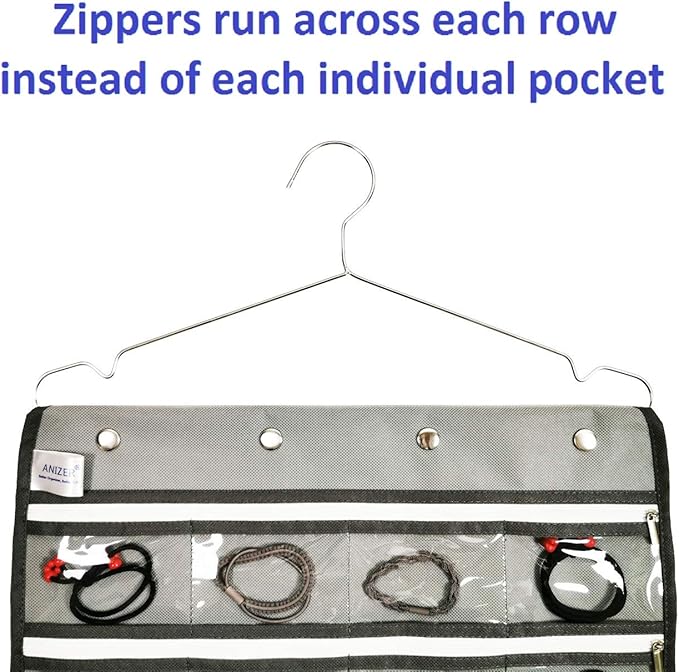 Dual Sided Hanging Jewelry Organizer with Hanger for Closet Necklace Earrings Bracelet Ring Travel Holder (56 Zippered Clear Pockets Grey)