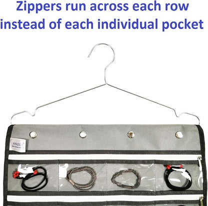 Dual Sided Hanging Jewelry Organizer with Hanger for Closet Necklace Earrings Bracelet Ring Travel Holder (56 Zippered Clear Pockets Grey)