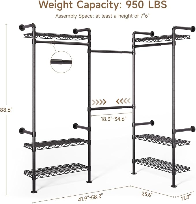 Wall Mounted Garment Rack, Walk-in Closet System with Expandable Rods, Adjustable Shelves, Industrial Pipe Clothing Racks, Hanging Clothes Organizers and Storage, Metal Closet Shelving Wardrobe
