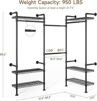 Wall Mounted Garment Rack, Walk-in Closet System with Expandable Rods, Adjustable Shelves, Industrial Pipe Clothing Racks, Hanging Clothes Organizers and Storage, Metal Closet Shelving Wardrobe
