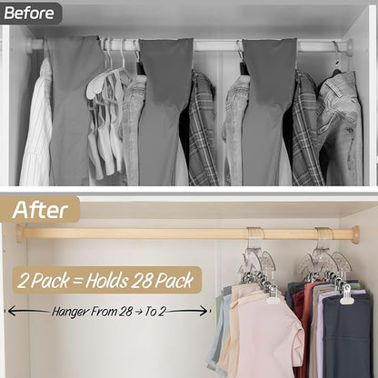 Imncya Legging Hanger for Closet, 2 Pack Plastic Yoga Pants Organizer w/14 Clips Holds 28 Leggings, Space Saving Hanging Pants Hangers for Closet Organizers and Storage (Large Clear)