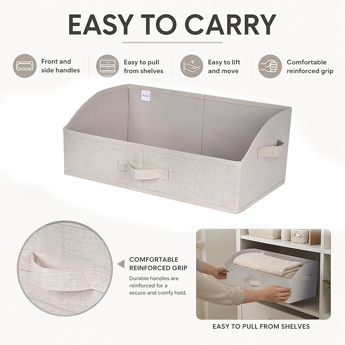 WUIKE Trapezoid Storage Bins for Closet Organizers and Storage, Fabric Closet Bins with Handles, Foldable Storage Baskets for Clothes, Purse, Blanket, Line Beige, Extra Large, 3-Pack