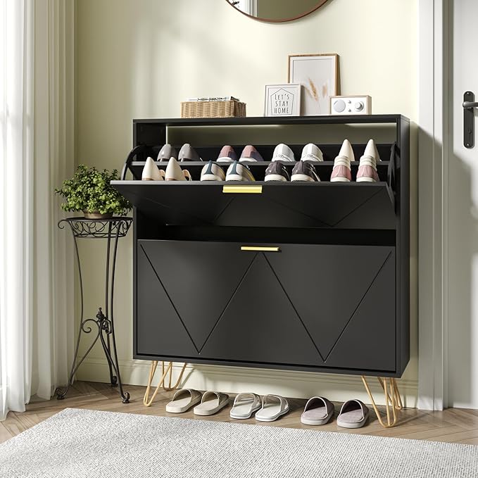 JOZZBY Black Shoe Cabinet for Entryway, Narrow Shoe Storage Cabinet with 2 Flip Drawers, Hidden Shoe Rack for Hallway, Living Room