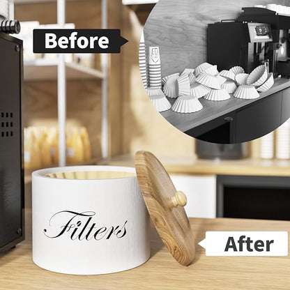 Wooden Coffee Filter Holder with Lid, Basket Storage Container for Counter, Black Small Bar Accessories for Coffee Bar Station(White Wooden)