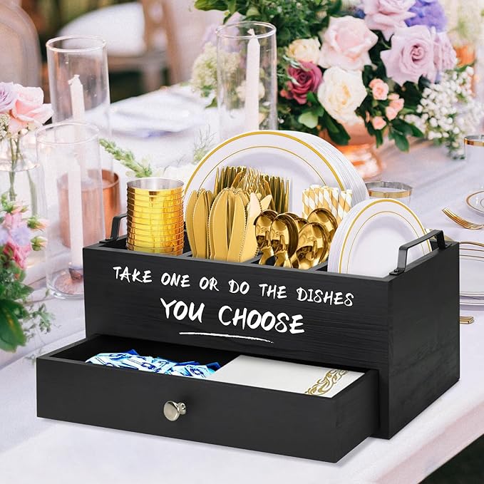 Paper Plate Dispenser with Drawer for Kitchen Countertop, Wooden Paper Plate Holder with Large Cup Holder, Rustic Wood Silverware Caddy Holder, Paper Plate Organizer Kitchen Accessories(Black-Drawer)