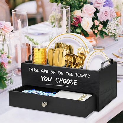 Paper Plate Dispenser with Drawer for Kitchen Countertop, Wooden Paper Plate Holder with Large Cup Holder, Rustic Wood Silverware Caddy Holder, Paper Plate Organizer Kitchen Accessories(Black-Drawer)