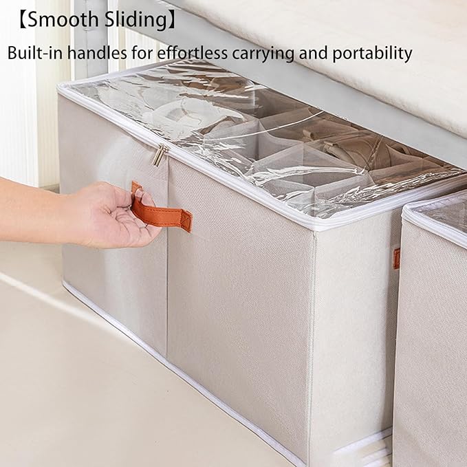 (2 Pack) Shoe Organizer for Closet, Shoe Storage Bins Foldable Shoe Storage Box Containers with Clear Cover and Sturdy Handles,Shoe Rack for Closet Storage for Sneakers Heels Slippers (Gray Large)
