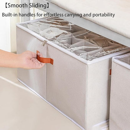 (2 Pack) Shoe Organizer for Closet, Shoe Storage Bins Foldable Shoe Storage Box Containers with Clear Cover and Sturdy Handles,Shoe Rack for Closet Storage for Sneakers Heels Slippers (Gray Large)