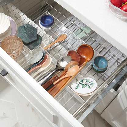 Chunful 2 Pieces Makeup Drawer Organizer 6 Section Clear Desk Organizer with Dividers 3 Section Acrylic Makeup Tray Divided Drawer Inserts Sectioned Tray Storage
