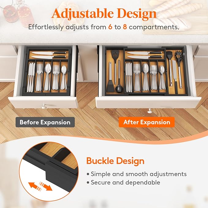 Lifewit Silverware Drawer Organizer, Expandable Utensil Tray for Kitchen, Flatware and Cutlery Holder, Wood Adjustable Storage for Spoons Forks Knives, 13-22x15/ 33-56x38cm, Natural and Black