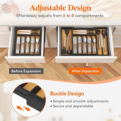 Lifewit Silverware Drawer Organizer, Expandable Utensil Tray for Kitchen, Flatware and Cutlery Holder, Wood Adjustable Storage for Spoons Forks Knives, 13-22x15/ 33-56x38cm, Natural and Black
